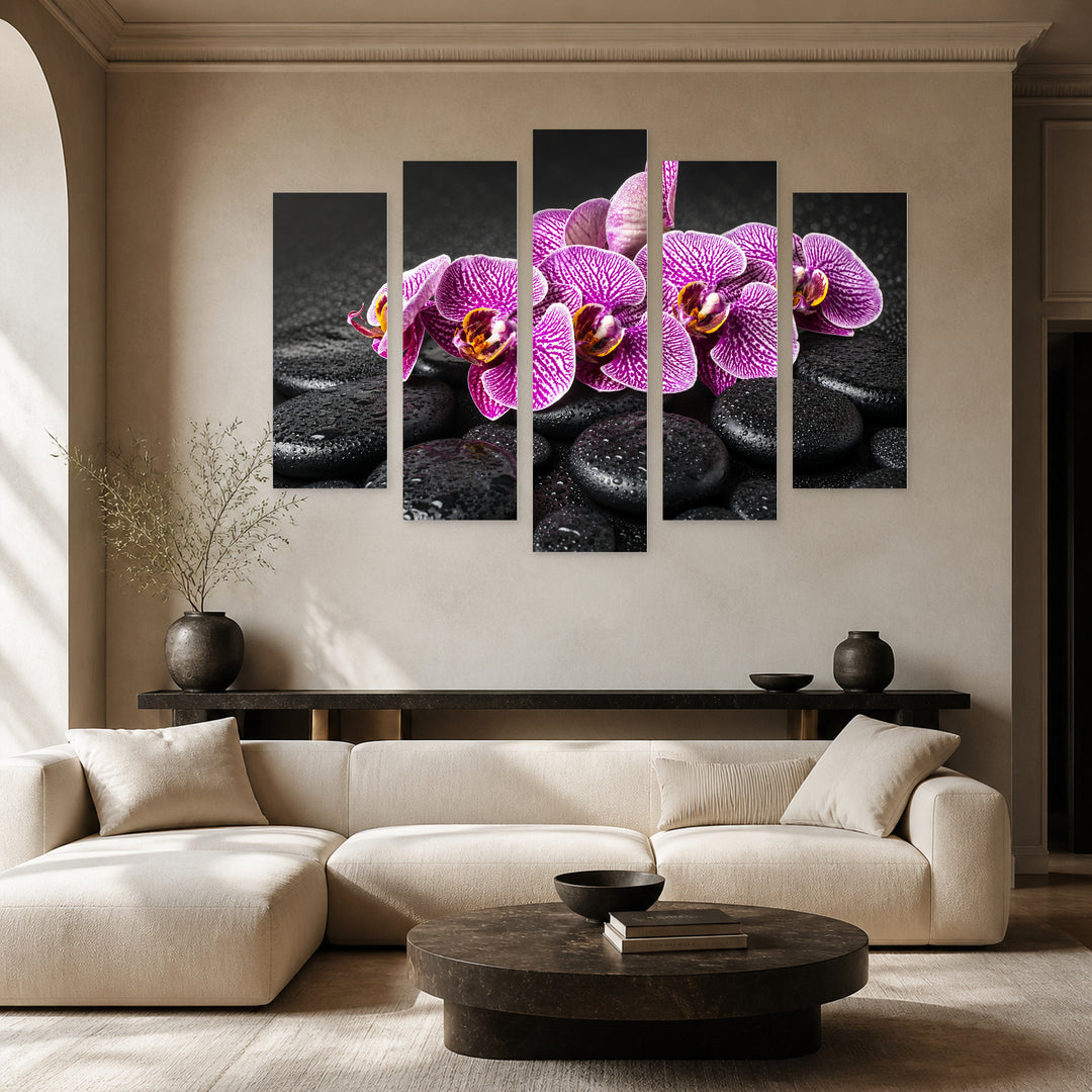 Purple Flowers on Pebbles in Serene Light — five-panel wall art in alternate frontal interior | 5wallart 54172 M4