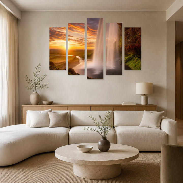 Golden Sunset over Waterfall — five-panel wall art in frontal interior | 5wallart 54173 M3