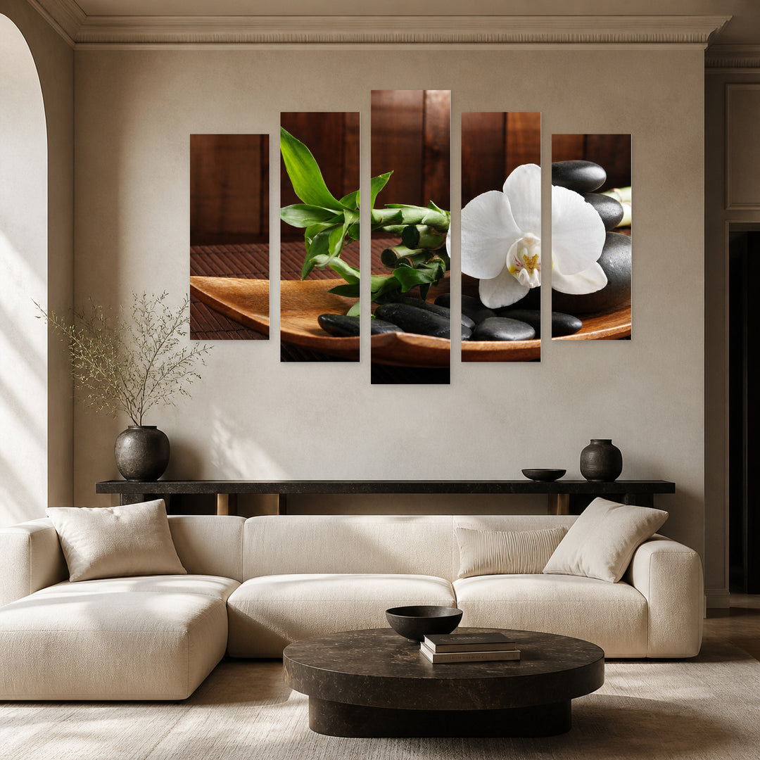 Spa Concept with Geometric Rhythm — five-panel wall art in frontal interior | 5wallart 54177 M3