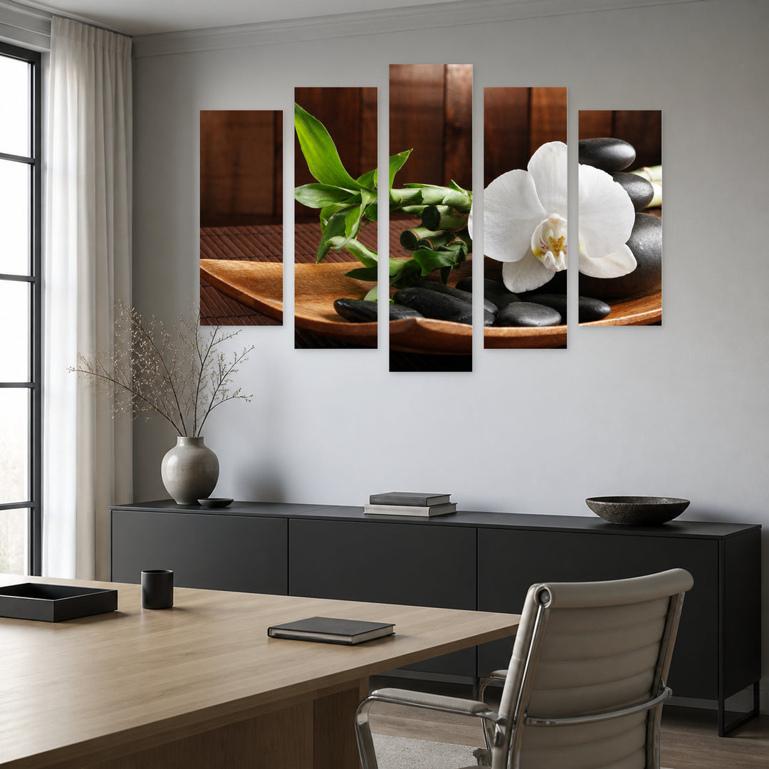 Spa Concept with Geometric Rhythm — five-panel wall art in alternate frontal interior | 5wallart 54177 M4