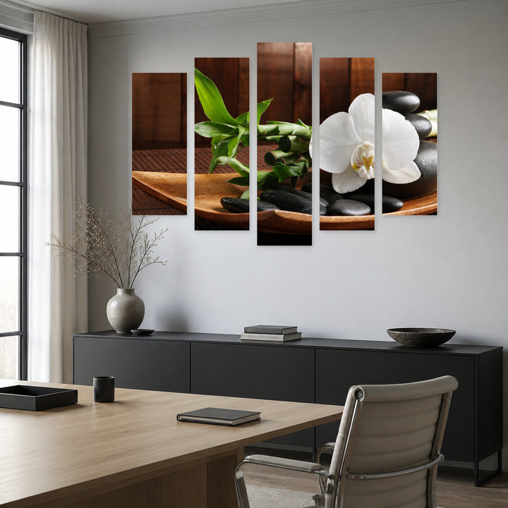 Spa Concept with Geometric Rhythm — five-panel wall art in alternate frontal interior | 5wallart 54177 M4