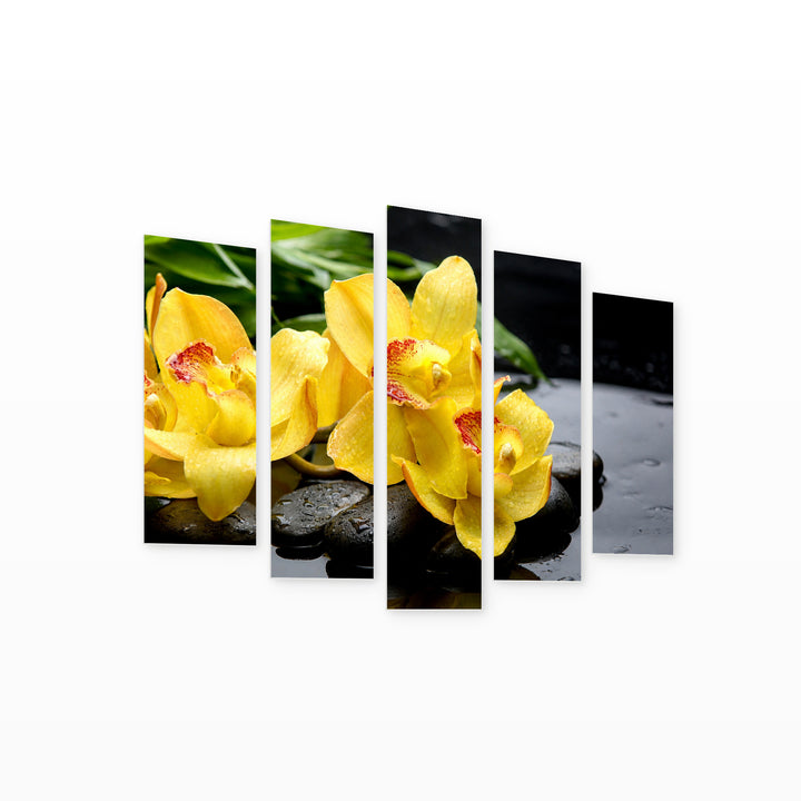 Yellow Flowers on Zen Stones in Vivid Color — five-panel wall art on white background in perspective | 5wallart 54178 M1