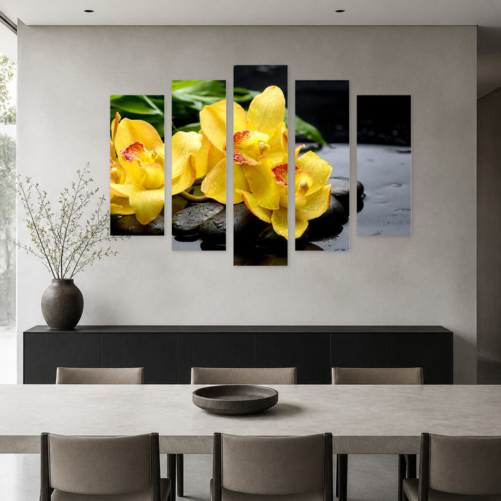Yellow Flowers on Zen Stones in Vivid Color — five-panel wall art in frontal interior | 5wallart 54178 M3