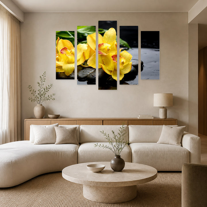 Yellow Flowers on Zen Stones in Vivid Color — five-panel wall art in alternate frontal interior | 5wallart 54178 M4