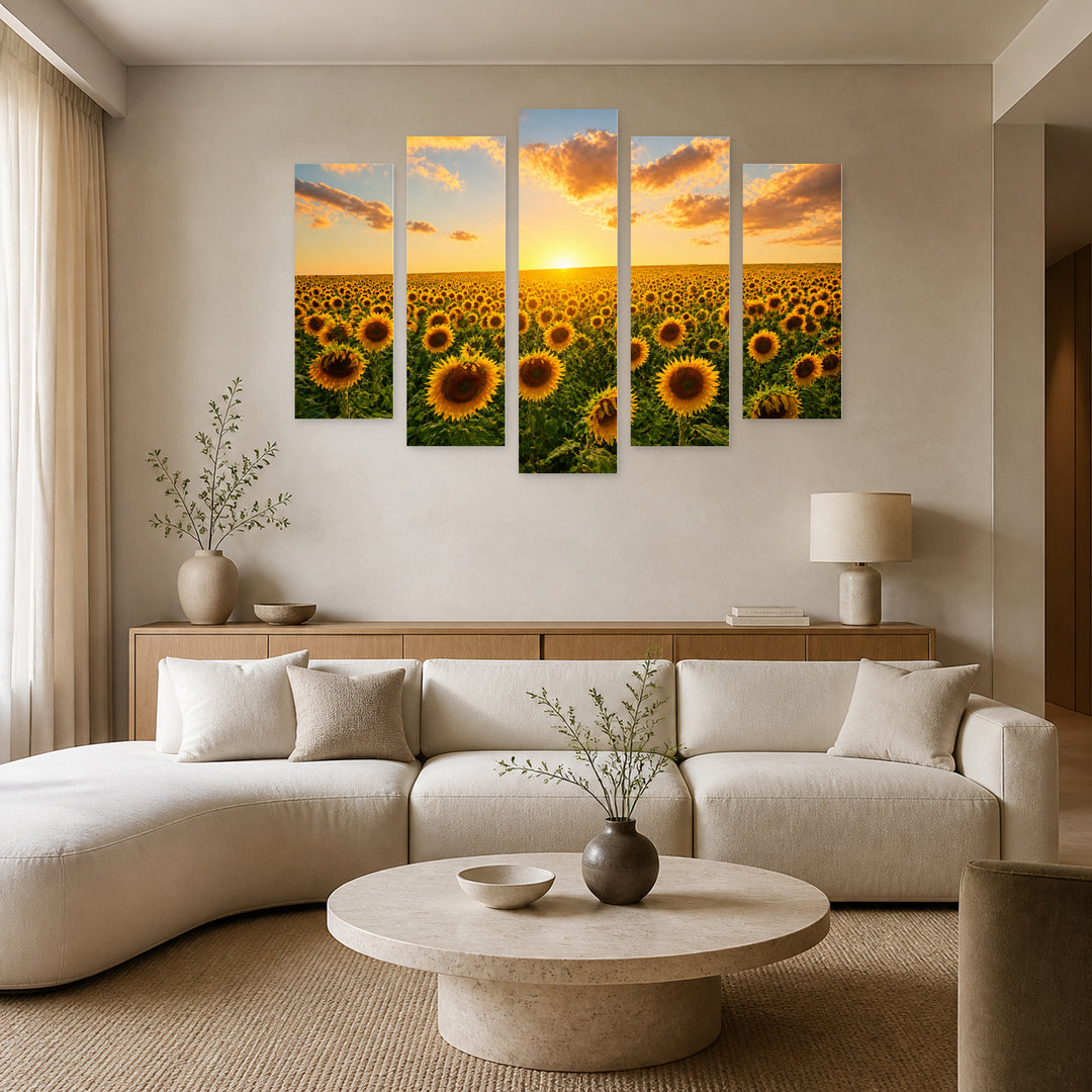 Sunflower Fields at Sunrise in Serene Light — five-panel wall art in alternate frontal interior | 5wallart 54180 M4