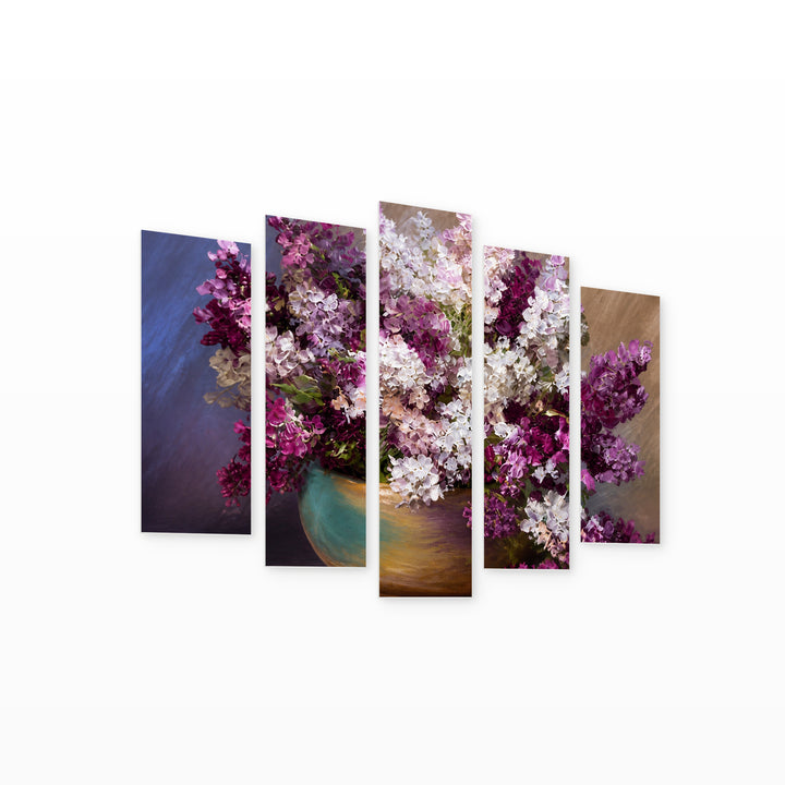 White and Purple Flowers with Geometric Rhythm — five-panel wall art on white background in perspective | 5wallart 54182 M1
