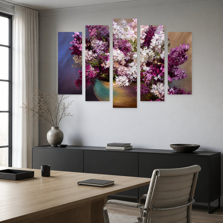 White and Purple Flowers with Geometric Rhythm — five-panel wall art in frontal interior | 5wallart 54182 M3