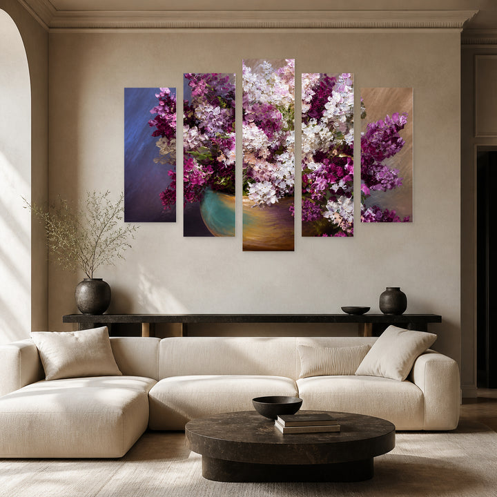 White and Purple Flowers with Geometric Rhythm — five-panel wall art in alternate frontal interior | 5wallart 54182 M4