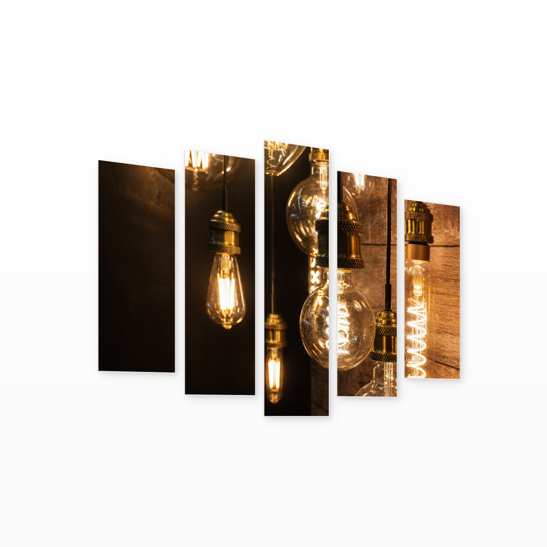 Large Retro-style LED Lamps Vintage Study — five-panel wall art on white background in perspective | 5wallart 54209 M1