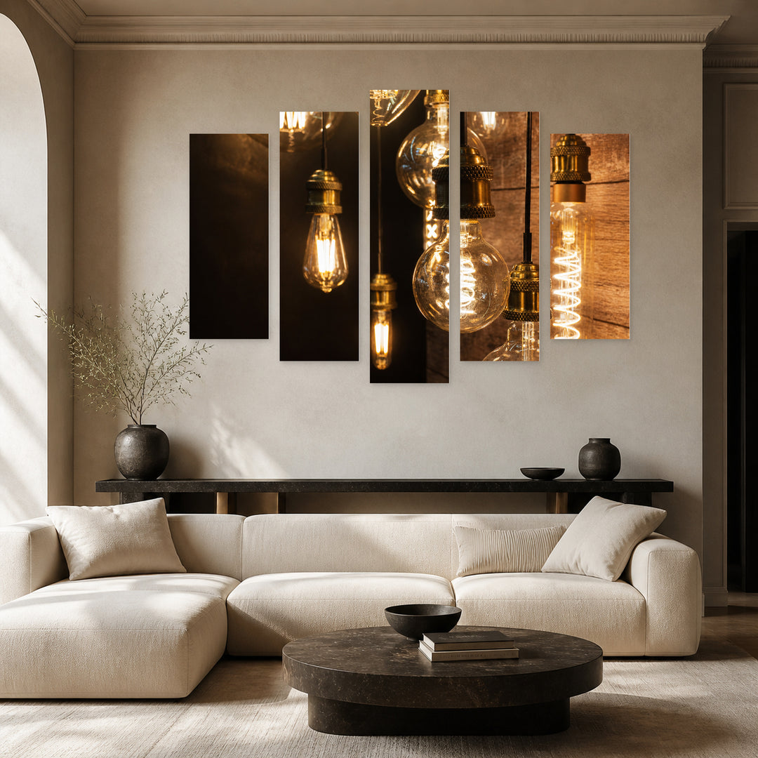 Large Retro-style LED Lamps Vintage Study — five-panel wall art in frontal interior | 5wallart 54209 M3