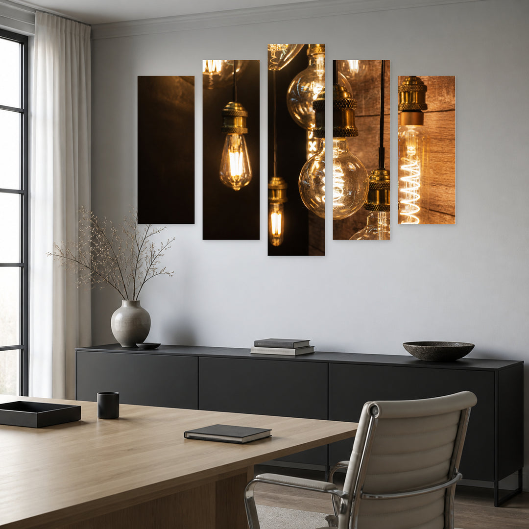 Large Retro-style LED Lamps Vintage Study — five-panel wall art in alternate frontal interior | 5wallart 54209 M4