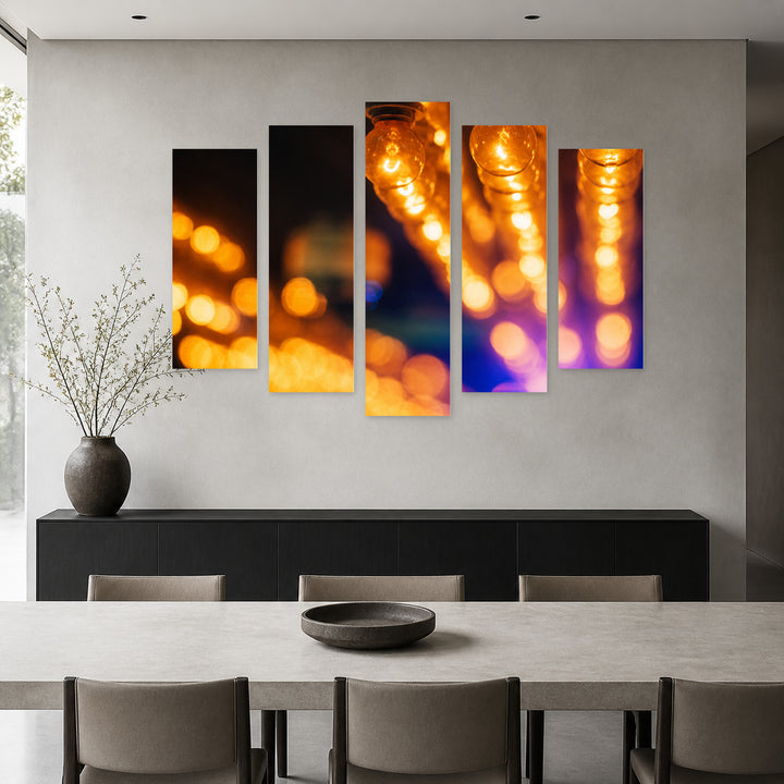 Electric Bulbs in the Club Modern Composition — five-panel wall art in frontal interior | 5wallart 54218 M3