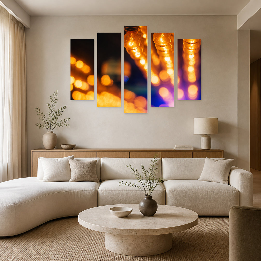 Electric Bulbs in the Club Modern Composition — five-panel wall art in alternate frontal interior | 5wallart 54218 M4
