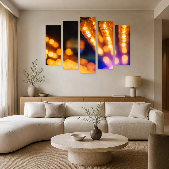 Electric Bulbs in the Club Modern Composition — five-panel wall art in alternate frontal interior | 5wallart 54218 M4
