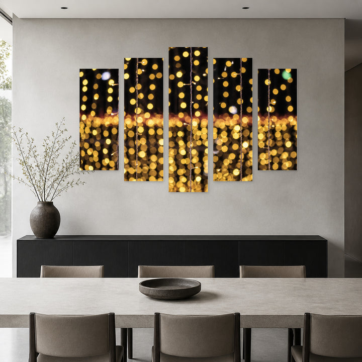 String of Yellow Lights with Dreamlike Atmosphere — five-panel wall art in frontal interior | 5wallart 54220 M3