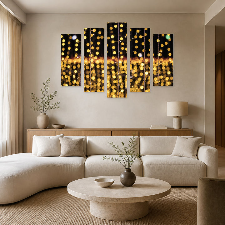 String of Yellow Lights with Dreamlike Atmosphere — five-panel wall art in alternate frontal interior | 5wallart 54220 M4