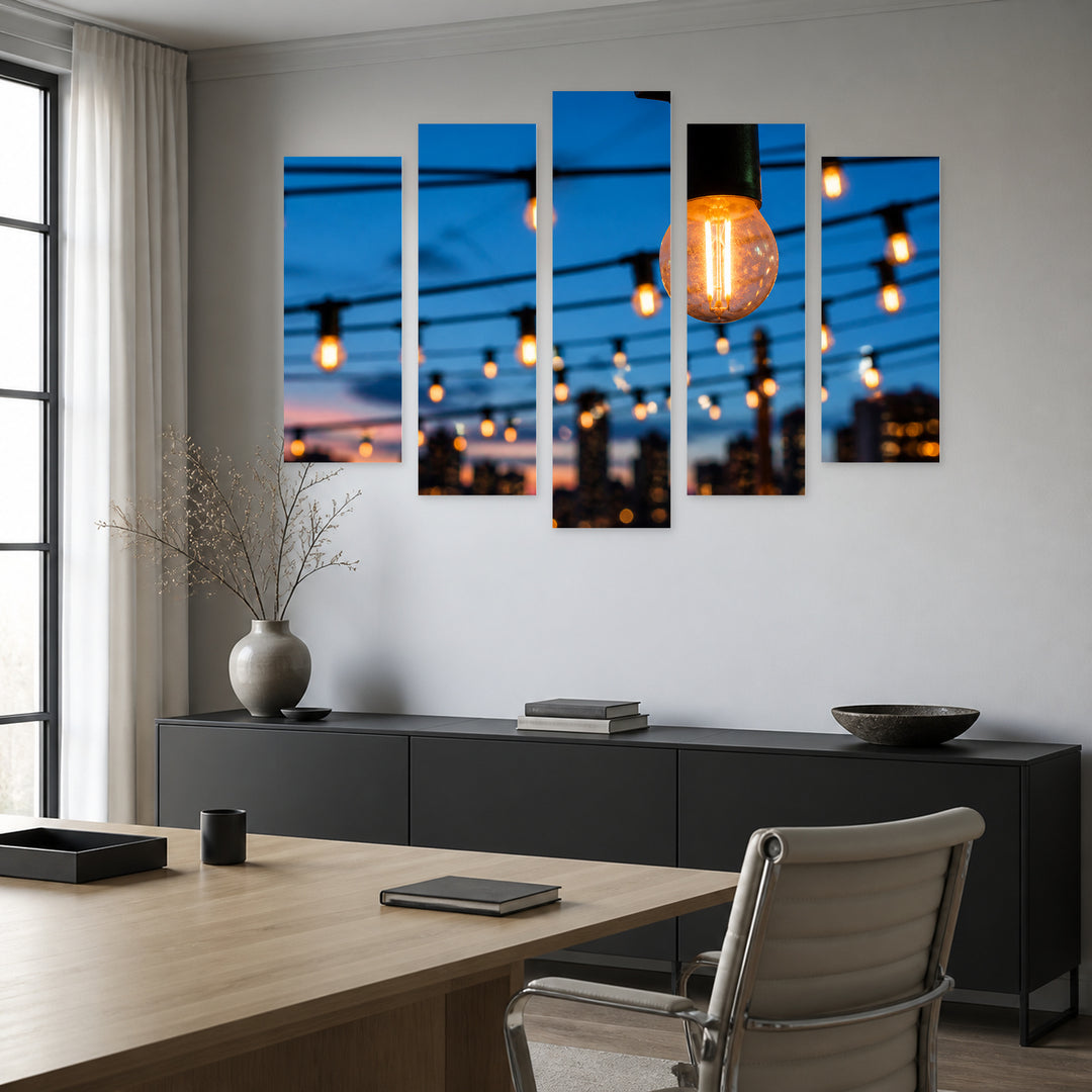 Decorative Bulbs in the City at Night — five-panel wall art in frontal interior | 5wallart 54222 M3