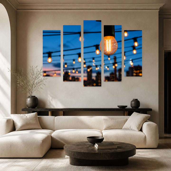 Decorative Bulbs in the City at Night — five-panel wall art in alternate frontal interior | 5wallart 54222 M4