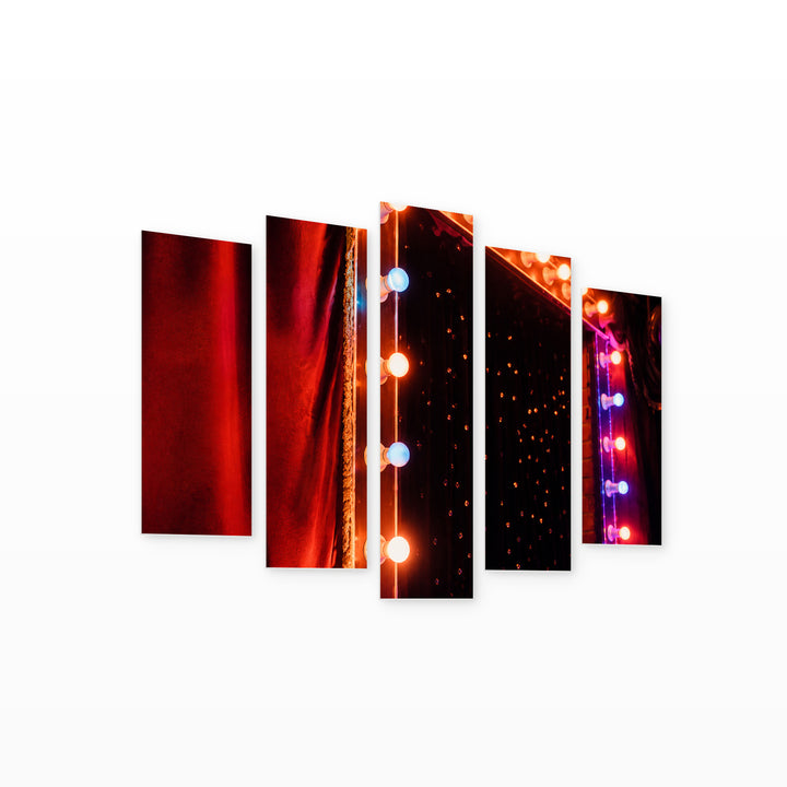 Electric Bulbs on Stage at Night — five-panel wall art on white background in perspective | 5wallart 54231 M1