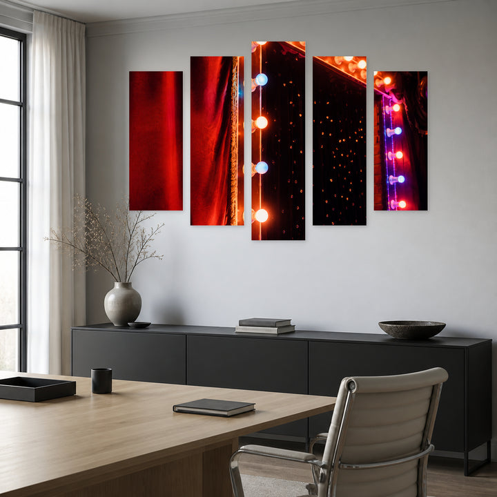 Electric Bulbs on Stage at Night — five-panel wall art in alternate frontal interior | 5wallart 54231 M4