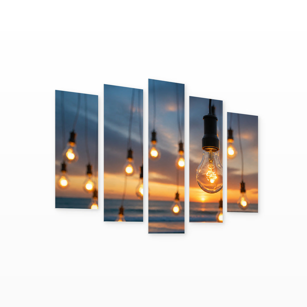 Glowing Bulbs on the Beach with Dreamlike Atmosphere — five-panel wall art on white background in perspective | 5wallart 54233 M1