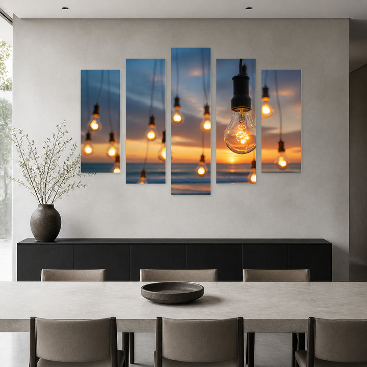 Glowing Bulbs on the Beach with Dreamlike Atmosphere — five-panel wall art in alternate frontal interior | 5wallart 54233 M4