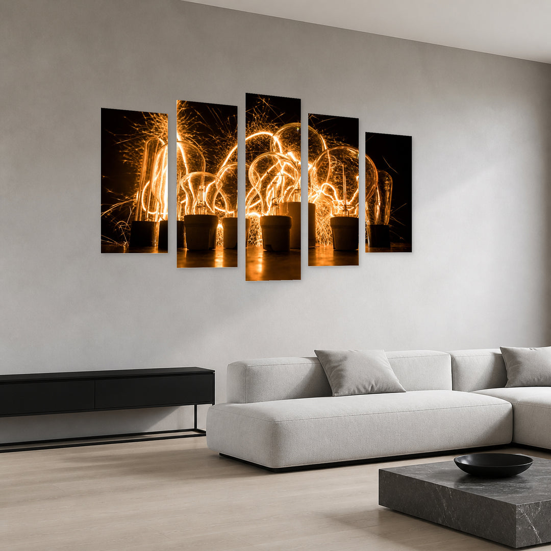 Abstract Bulbs with Geometric Rhythm — five-panel wall art in perspective interior | 5wallart 54238 M2