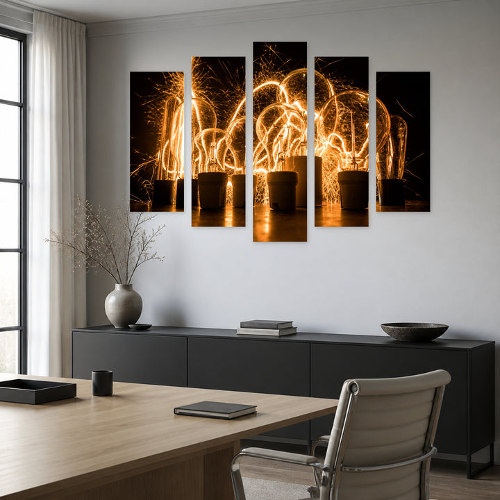Abstract Bulbs with Geometric Rhythm — five-panel wall art in frontal interior | 5wallart 54238 M3