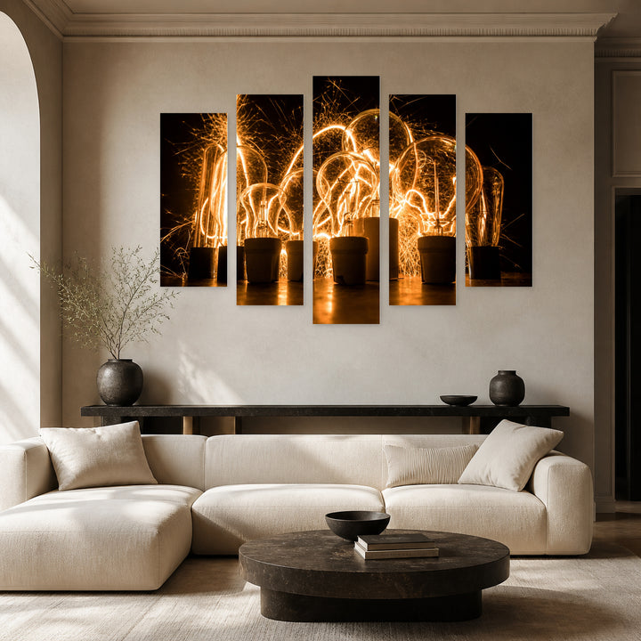 Abstract Bulbs with Geometric Rhythm — five-panel wall art in alternate frontal interior | 5wallart 54238 M4