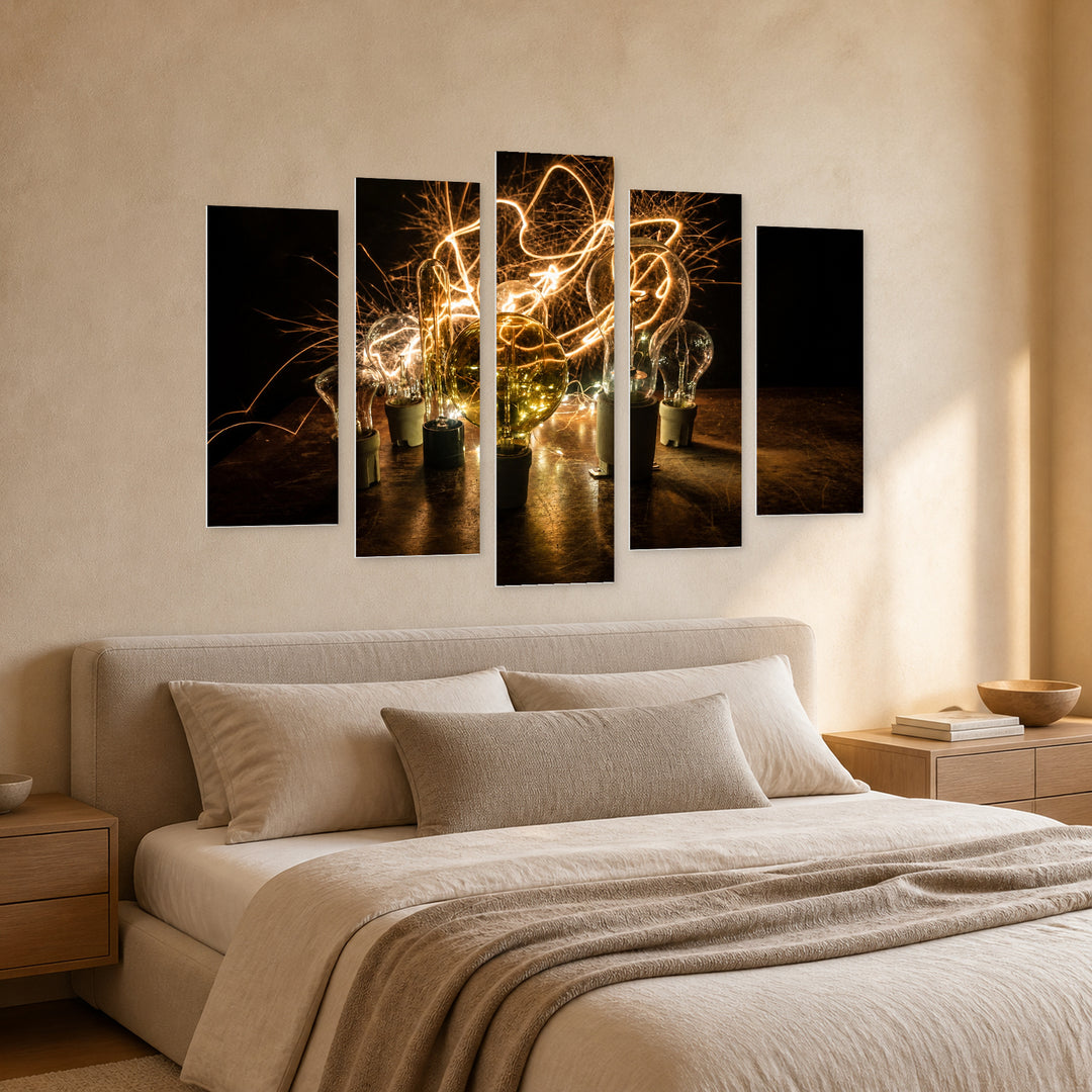 Abstract Dark Background with Geometric Rhythm — five-panel wall art in perspective interior | 5wallart 54241 M2