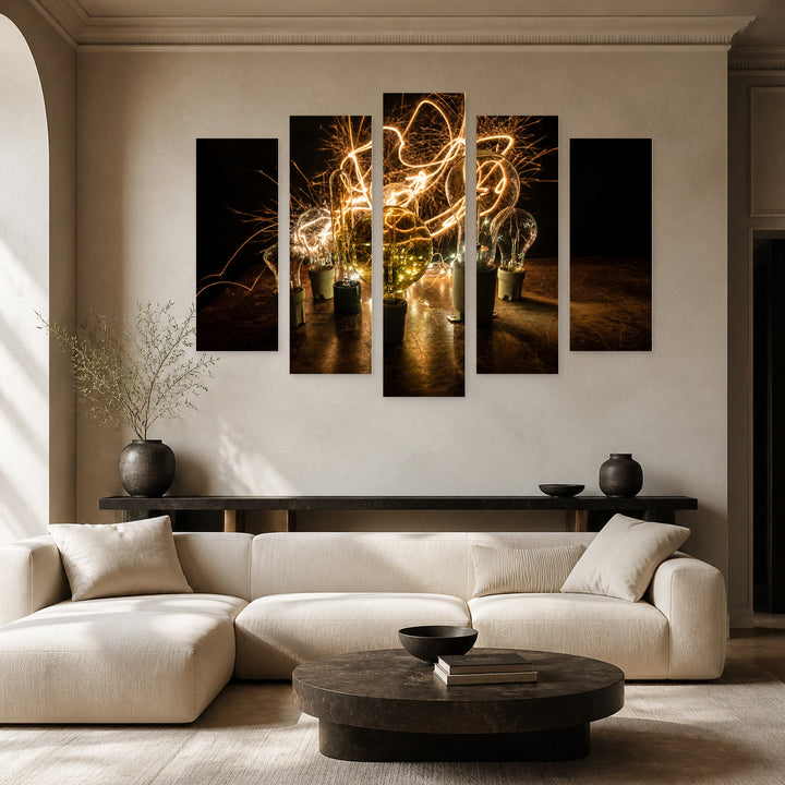 Abstract Dark Background with Geometric Rhythm — five-panel wall art in frontal interior | 5wallart 54241 M3