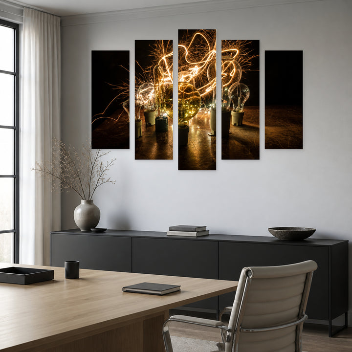 Abstract Dark Background with Geometric Rhythm — five-panel wall art in alternate frontal interior | 5wallart 54241 M4