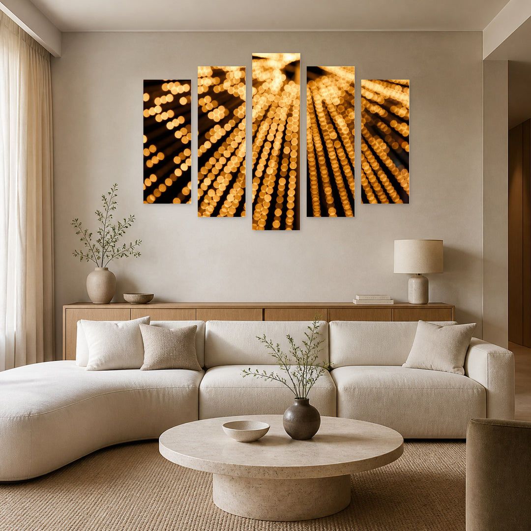 Golden Lights Modern Composition — five-panel wall art in frontal interior | 5wallart 54243 M3