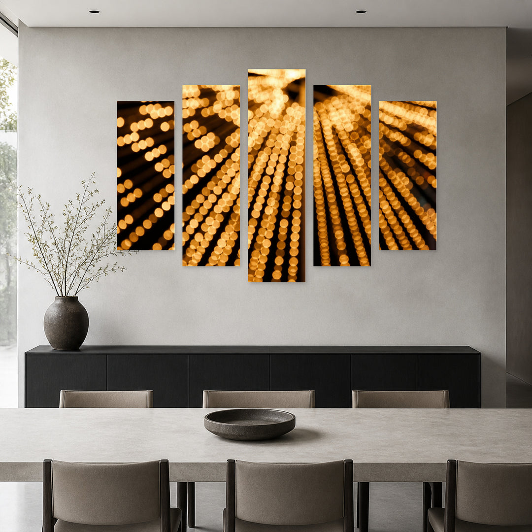 Golden Lights Modern Composition — five-panel wall art in alternate frontal interior | 5wallart 54243 M4