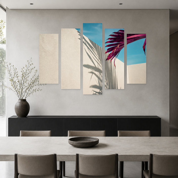 Purple Palm Leaf with Dreamlike Atmosphere — five-panel wall art in frontal interior | 5wallart 54254 M3