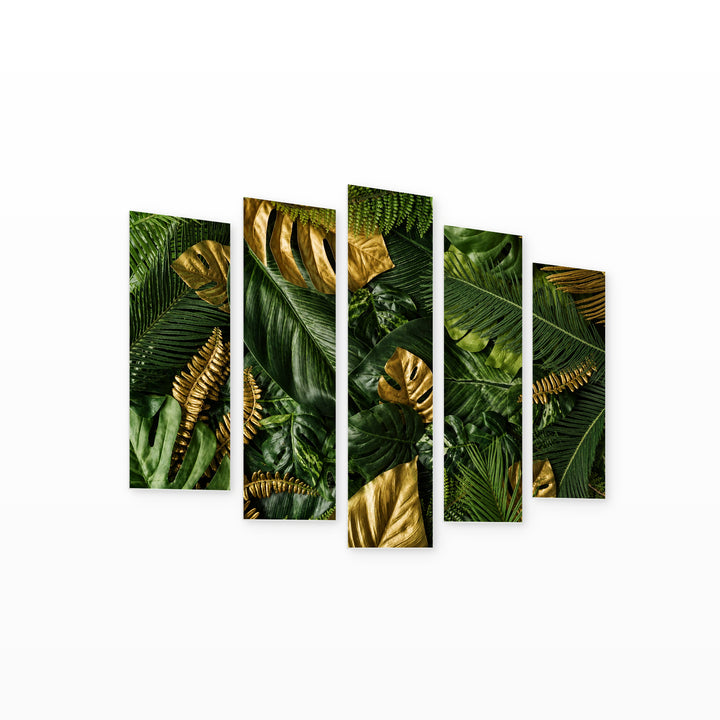 Leaf Background with Geometric Rhythm — five-panel wall art on white background in perspective | 5wallart 54255 M1