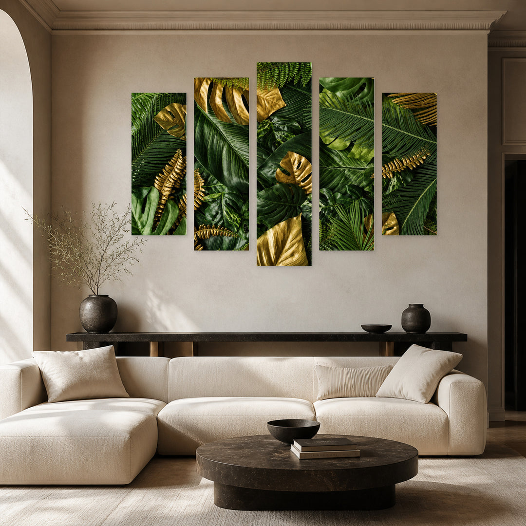 Leaf Background with Geometric Rhythm — five-panel wall art in frontal interior | 5wallart 54255 M3
