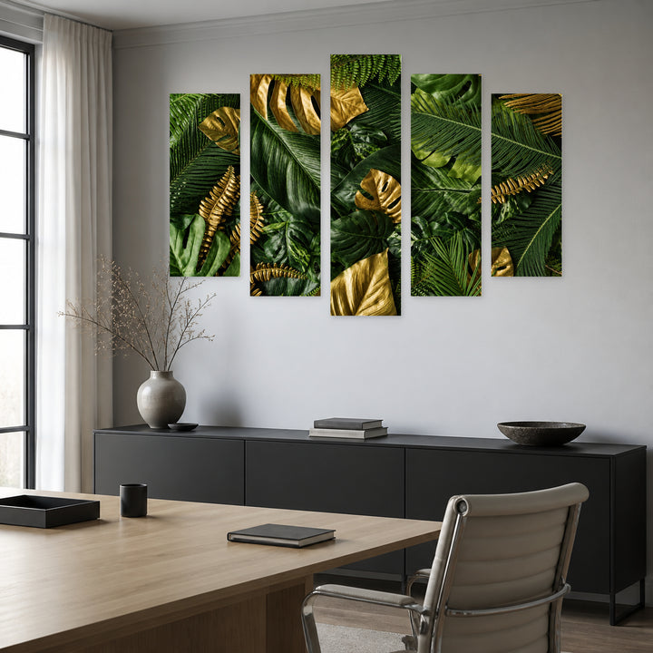 Leaf Background with Geometric Rhythm — five-panel wall art in alternate frontal interior | 5wallart 54255 M4