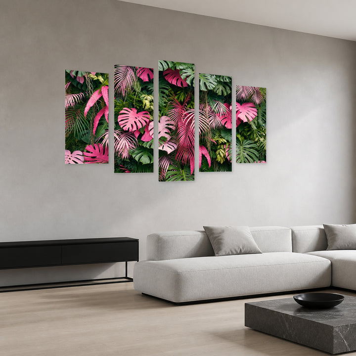 Tropical Leaf Background with Geometric Rhythm — five-panel wall art in perspective interior | 5wallart 54258 M2