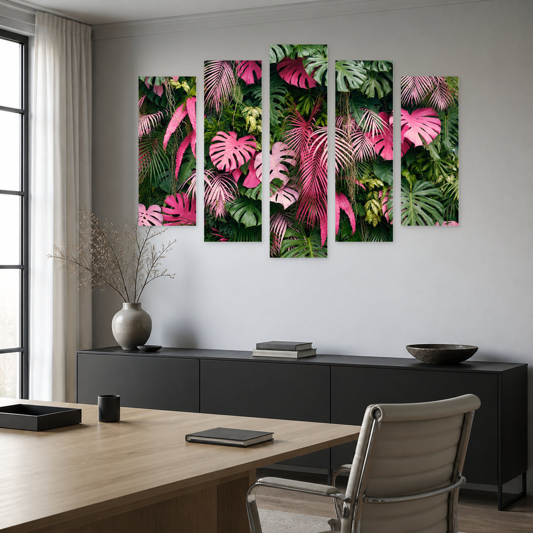 Tropical Leaf Background with Geometric Rhythm — five-panel wall art in frontal interior | 5wallart 54258 M3