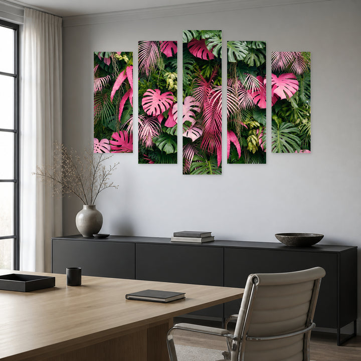 Tropical Leaf Background with Geometric Rhythm — five-panel wall art in frontal interior | 5wallart 54258 M3