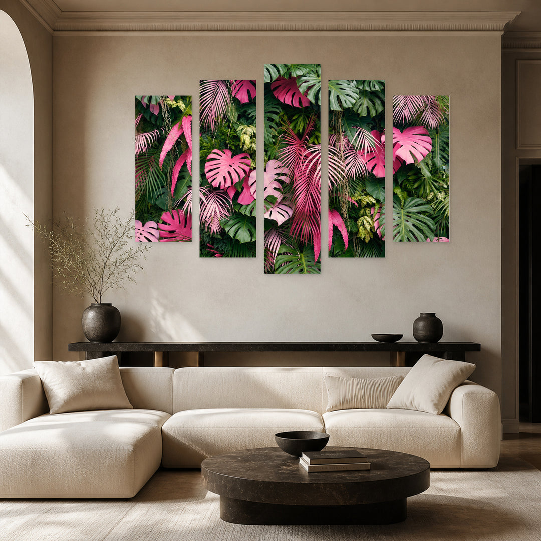Tropical Leaf Background with Geometric Rhythm — five-panel wall art in alternate frontal interior | 5wallart 54258 M4