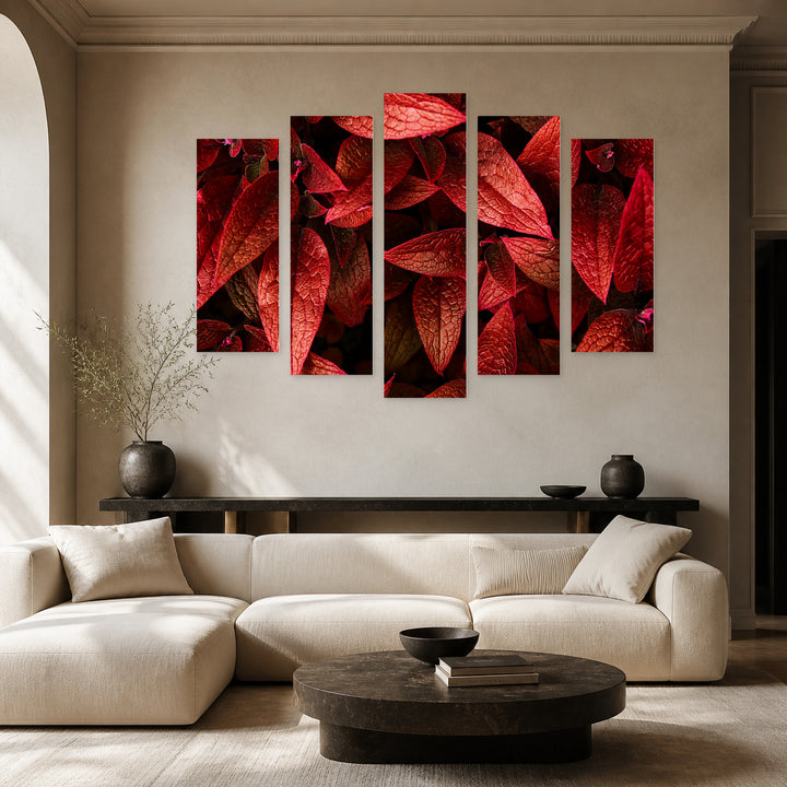 Fresh Red Leaves Botanical Study — five-panel wall art in frontal interior | 5wallart 54263 M3
