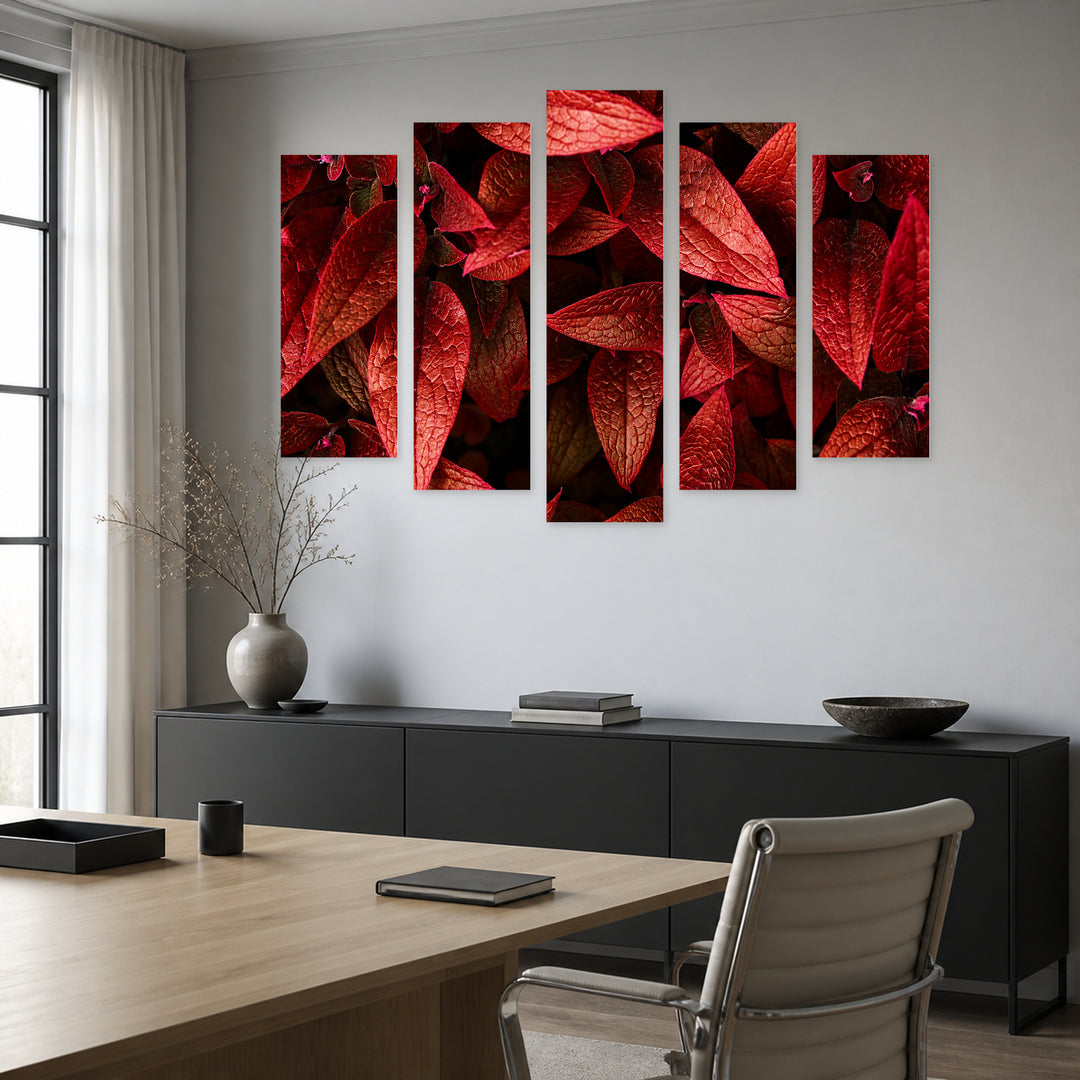 Fresh Red Leaves Botanical Study — five-panel wall art in alternate frontal interior | 5wallart 54263 M4