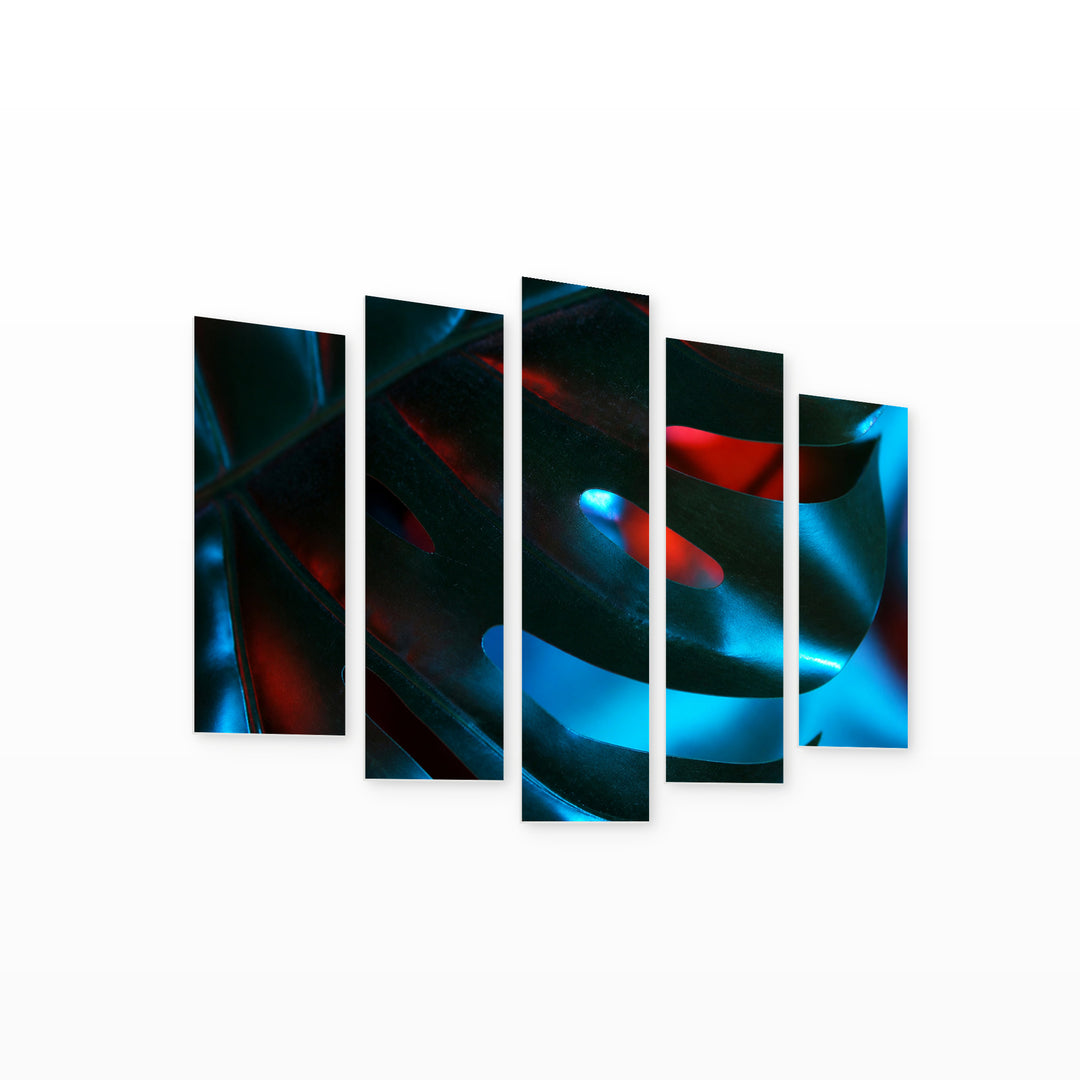 Monstera Leaf at Night — five-panel wall art on white background in perspective | 5wallart 54264 M1