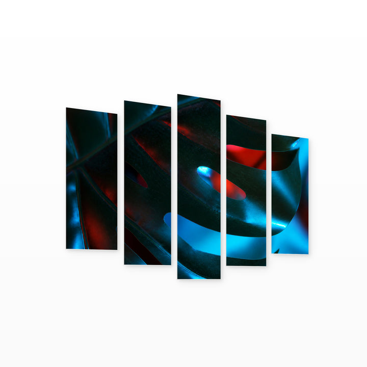 Monstera Leaf at Night — five-panel wall art on white background in perspective | 5wallart 54264 M1