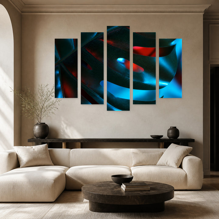 Monstera Leaf at Night — five-panel wall art in alternate frontal interior | 5wallart 54264 M4