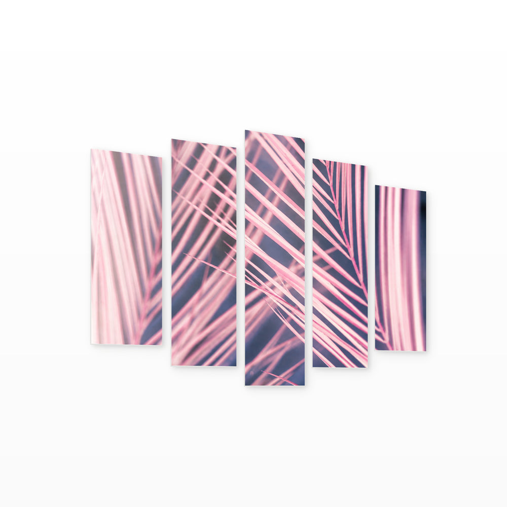 Pink Palm Leaves in Soft Pastels — five-panel wall art on white background in perspective | 5wallart 54267 M1