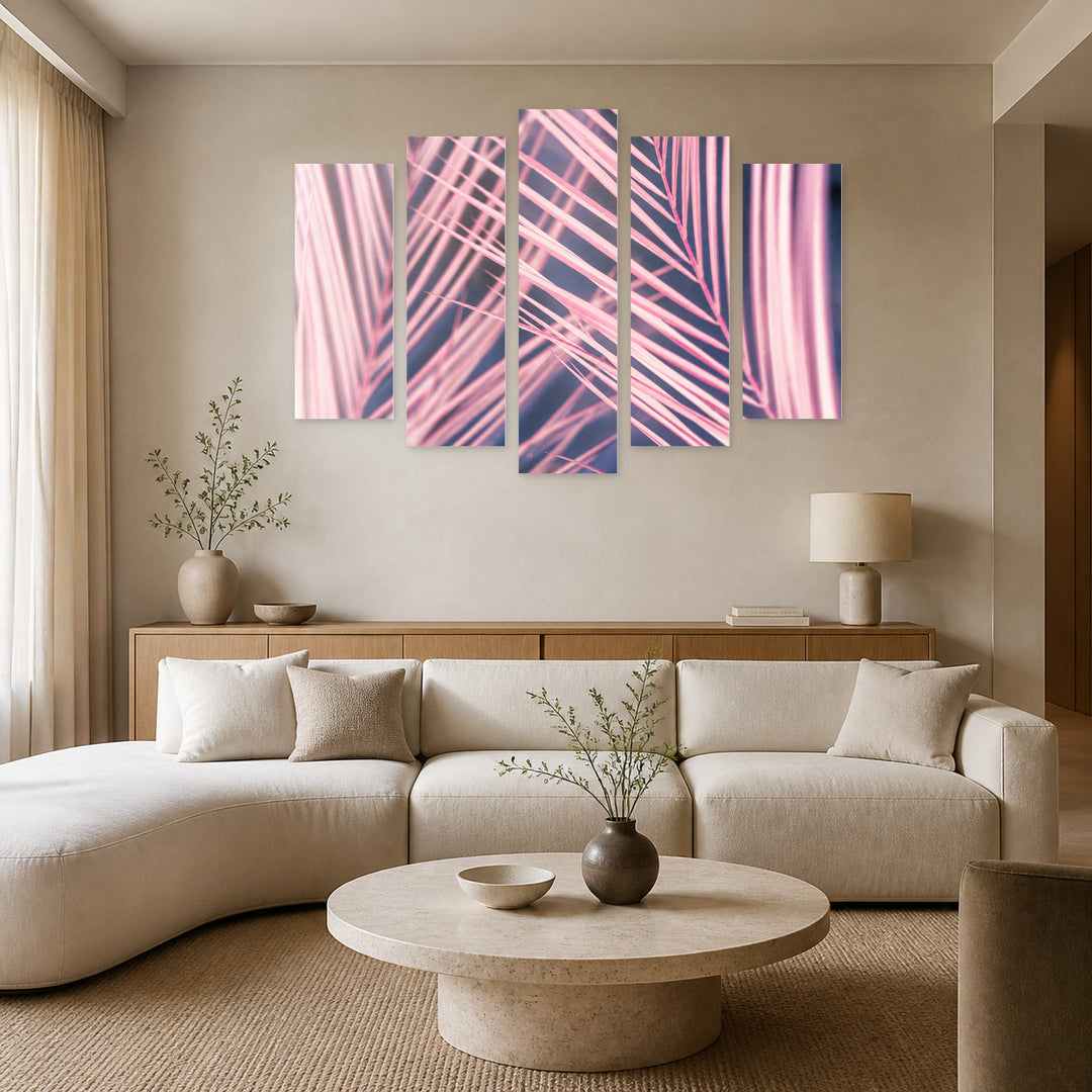 Pink Palm Leaves in Soft Pastels — five-panel wall art in frontal interior | 5wallart 54267 M3