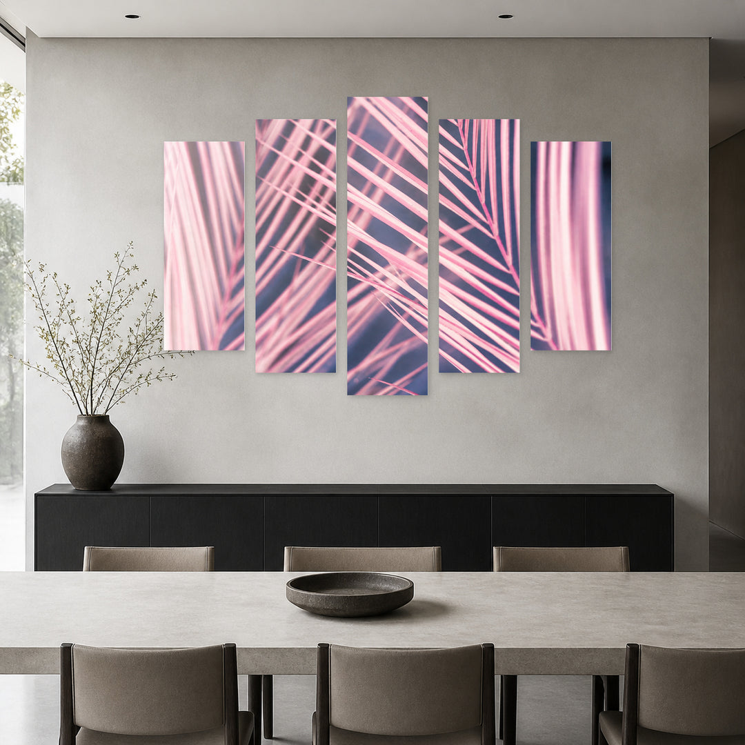 Pink Palm Leaves in Soft Pastels — five-panel wall art in alternate frontal interior | 5wallart 54267 M4